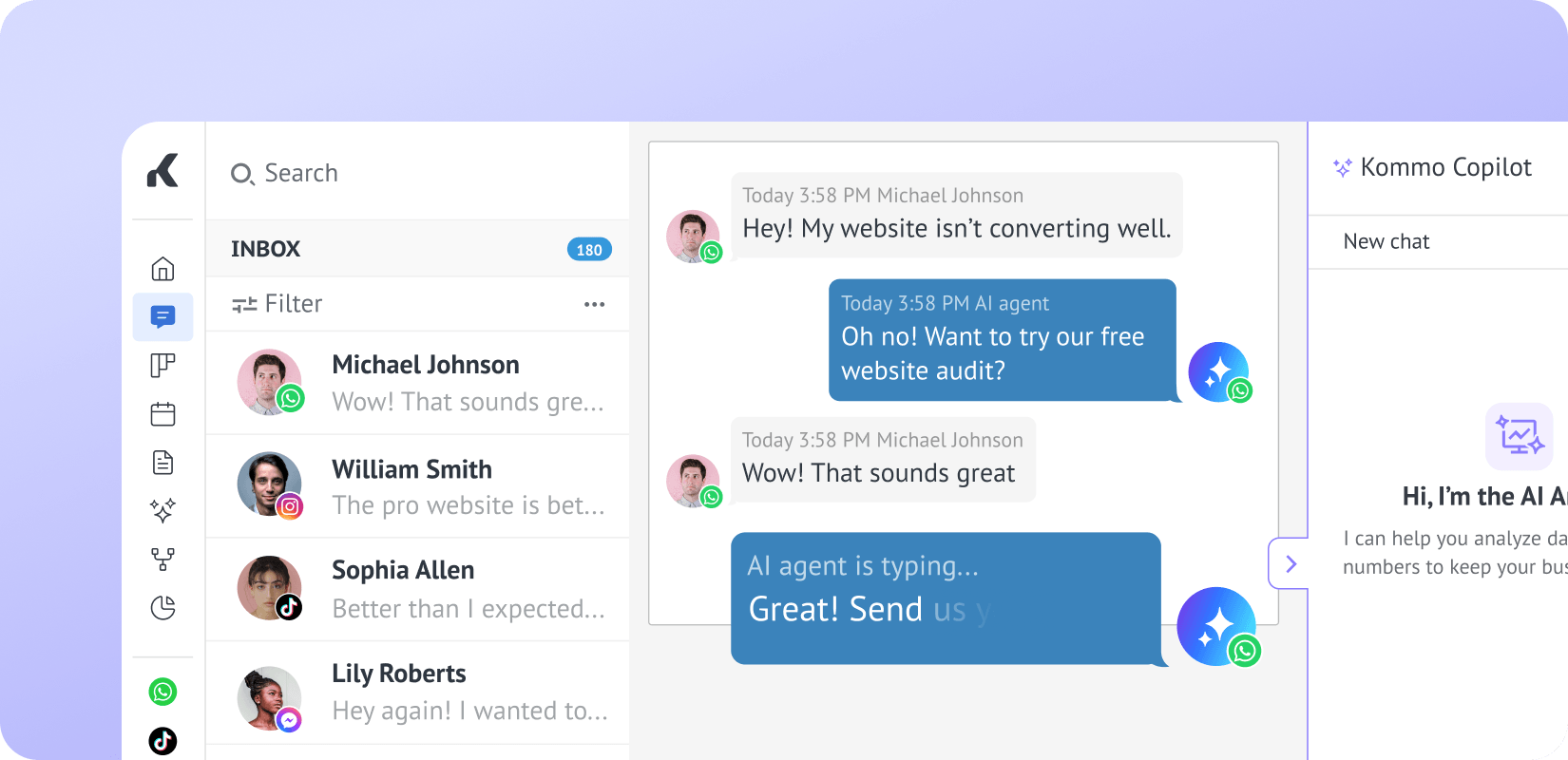 Kommo's inbox with WhatsApp, Instagram, TikTok and Messenger conversations in a single list, next to an open conversation with a client.