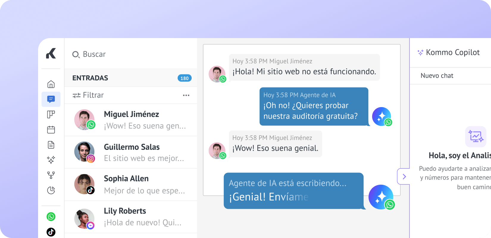 Bandeja de entrada de Kommo con conversaciones de WhatsApp, Instagram, TikTok y Messenger en una sola lista, junto a la conversación abierta con un cliente.